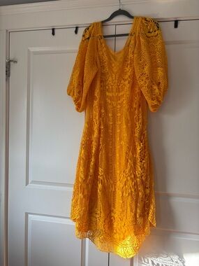 FARM Rio Golden Crochet Midi Dress with Puff Sleeves